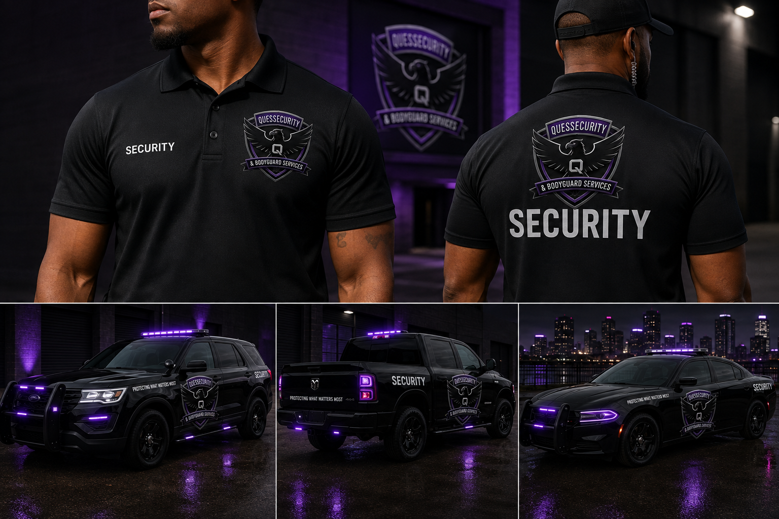 Quessecurity officers in black duty polos with the eagle shield crest and SECURITY back print