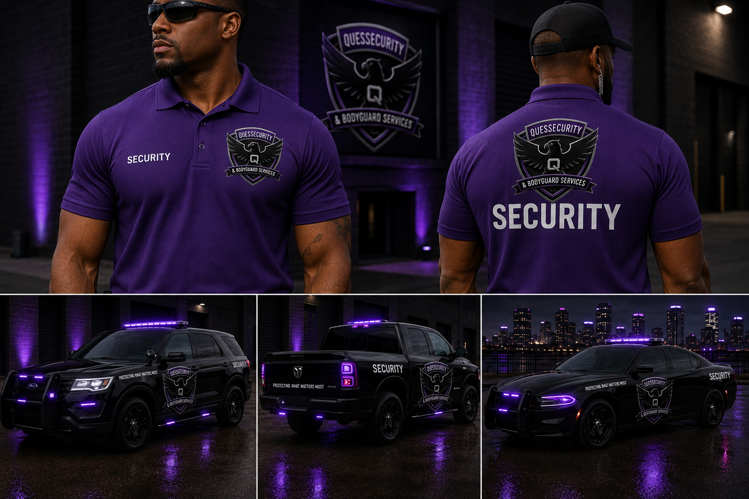 Officer in the purple Quessecurity event-detail polo, front and back views with crest