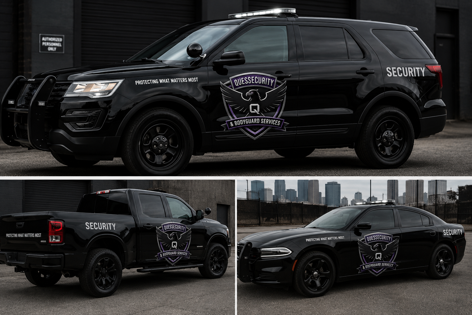 Quessecurity marked patrol SUV, truck, and sedan with the eagle shield crest