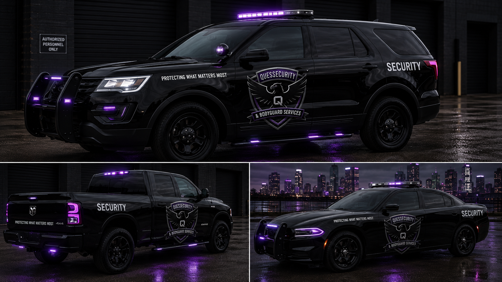 Quessecurity marked patrol SUV, truck, and sedan with purple light bars at night